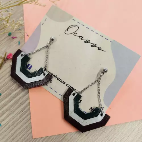 Aretes medio octágono verde y cafe