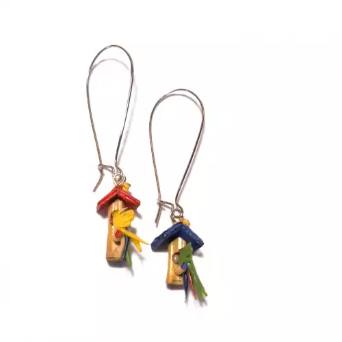 Aretes pajarera guadua con herraje plateado artesanal