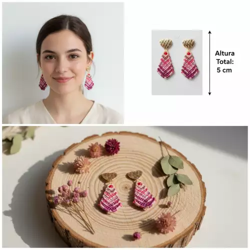 Aretes pirámide rosa en micro-macramé hecho a mano