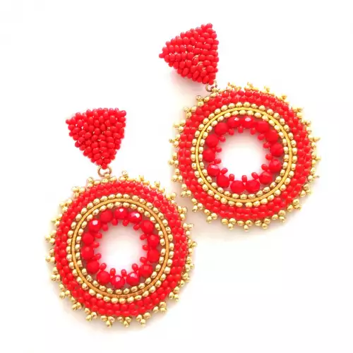 Aretes redondos en mostacilla rojo y dorado