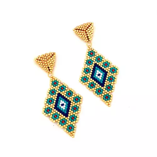Aretes rombo en miyuki ojo de fátima dorado y azul