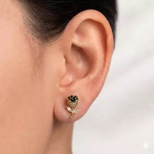Aretes rosa negra dorada con circones para mujer