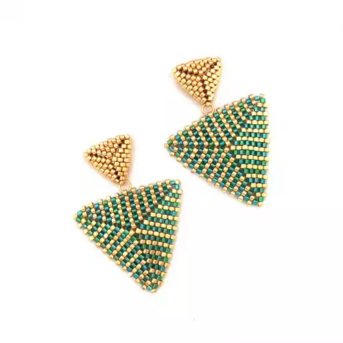 Aretes triangulares en miyuki dorado y aguamarina