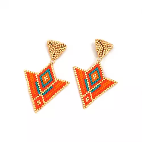 Aretes triangulares en miyuki naranja y aguamarina