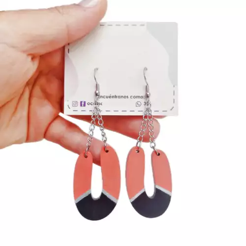 Aretes U madera salmón negro artesanales para mujer