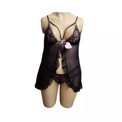 Baby Doll Lenceria Femenina Con tanga Negro 2Xl
