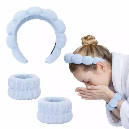 Balaca acolchada puffy para skincare azul claro con muñequeras