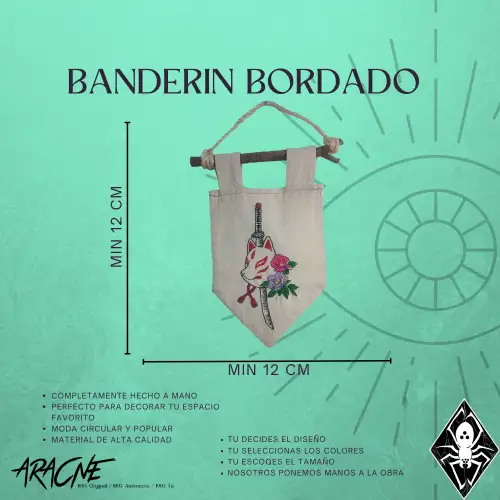 Banderín bordado personalizado artesanal con soporte madera
