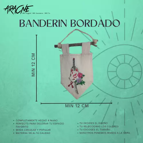 Banderín bordado personalizado artesanal con soporte madera