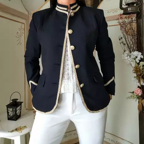 Blazer azul victoriano militar mujer con cinta bordada