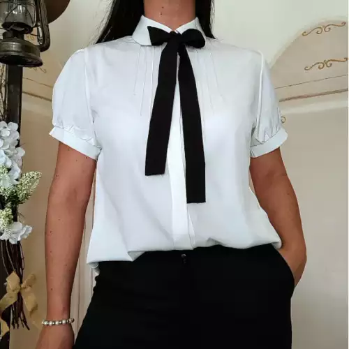 Blusa beige poliester manga bombacha con listón negro