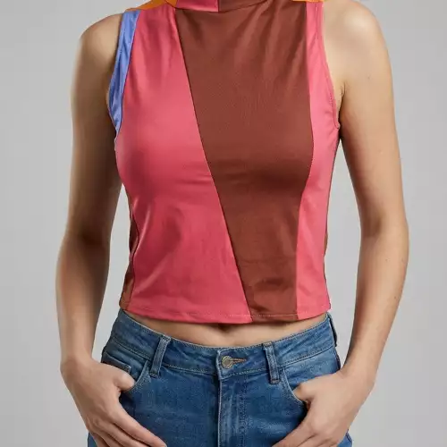 Blusa mujer licrada ORDIRI Textil formal/informal, Tecnica Patchwork EDICIÓN ÚNICA fucsia ocre