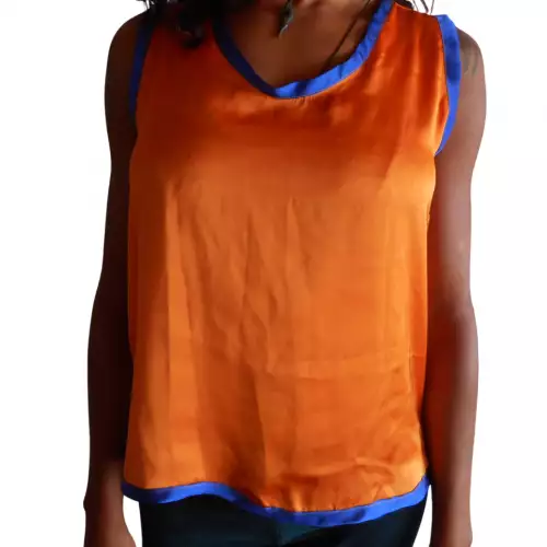 blusa satin esqueleto, Ordiri textil, diseño unico, naranja azul