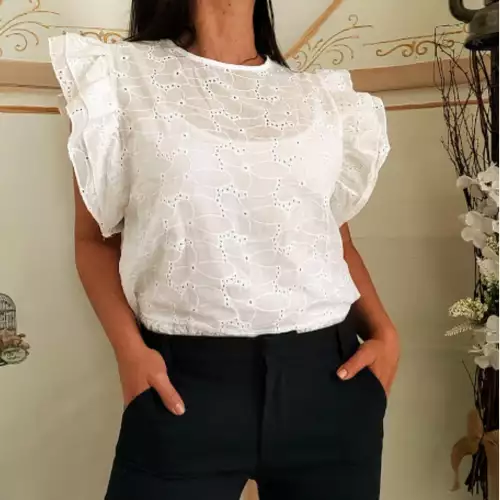 Blusa vintage blanca ojalillo con boleros talla M/L