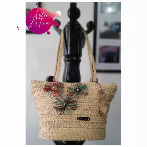 BOLSO DAMA TEJIDO EN PALMA DE IRACA NATURAL CON CIERRE Y FLORES