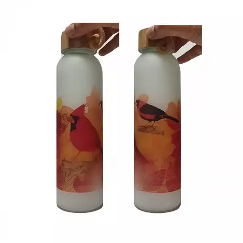 Botella en vidrio esmerilado con tapa en madera reciclada. Cardenal - Tangara