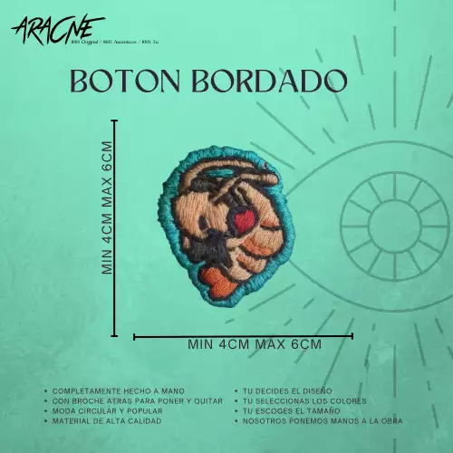 Botón bordado personalizado artesanal con broche trasero