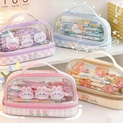 Cartucheras kawaii de doble compartimento diseño transparente, colores pastel y personajes adora