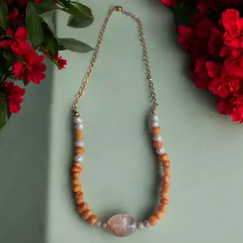 Collar coral y cuarzo hematoide cadena acero