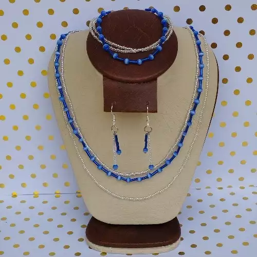 Collar tres capas aretes pulsera ojo de gato