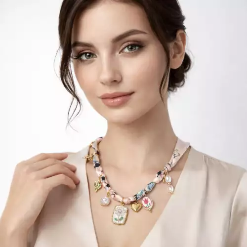Collar vintage charm mujer con dijes y tela satinada rosa