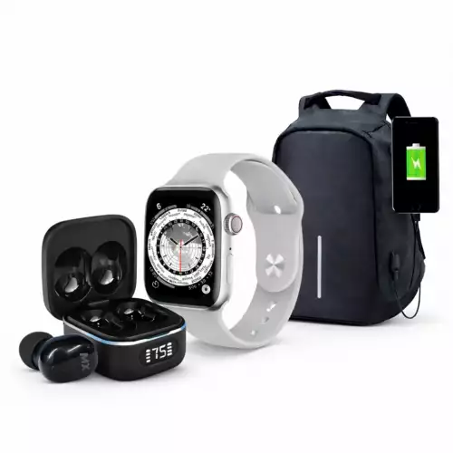 Combo Tecno Activo Audífonos Bluetooth JK5 + Smartwatch IW10 Mini + Morral Antirrobo Negro USB