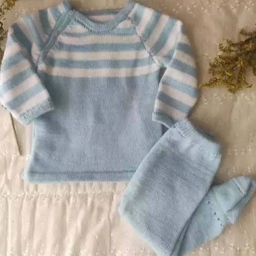 Conjunto bebé azul rayas lana antialérgico