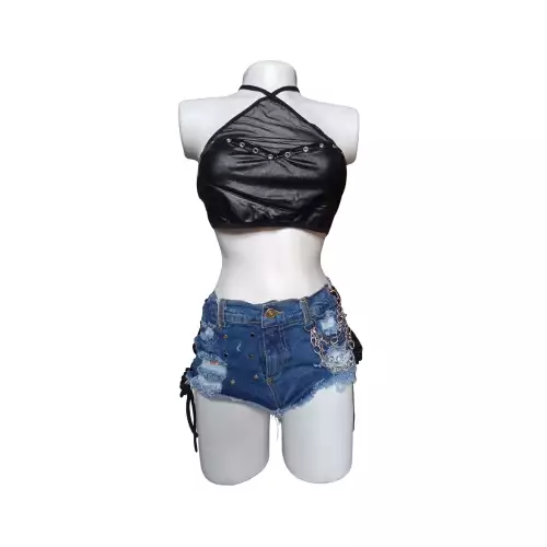 Conjunto short Jean y blusa negra Talla única Lenceria Femenina