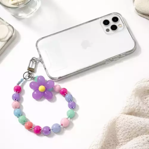 Correa strap colgante para celular flor lila con brillos