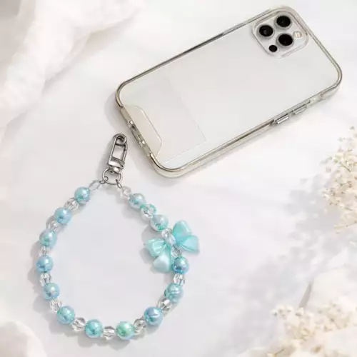 Correa strap para celular con adorno moño azul y piedras brillantes
