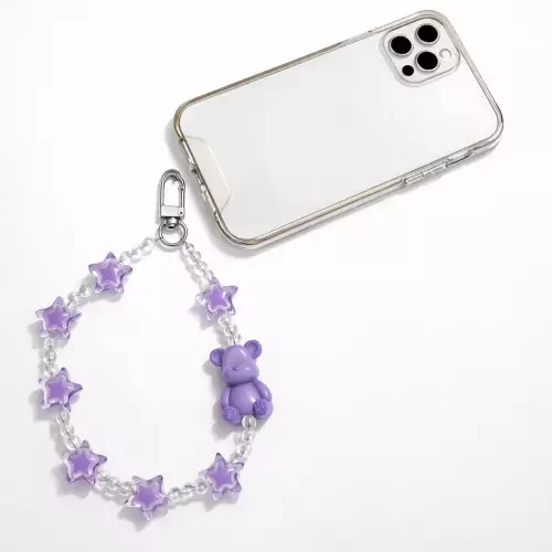 Correa strap para celular con adorno osito lila y piedras brillantes