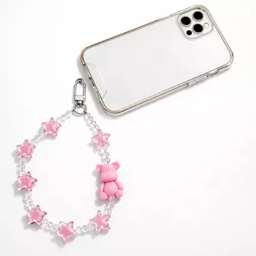 Correa strap para celular con adorno osito rosa bebé y piedras