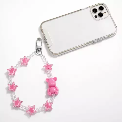 Correa strap para celular con adorno osito rosa chicle y piedras