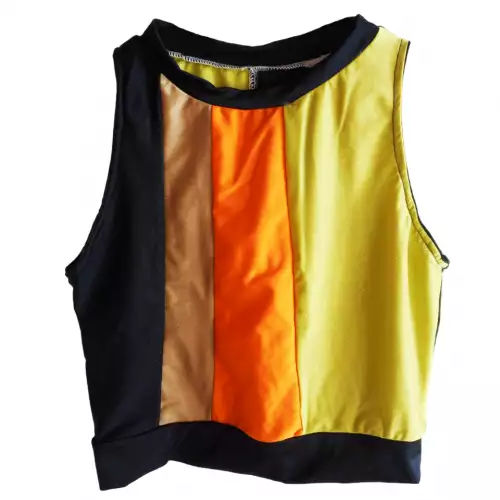 Crop Top, Ordiri Textil, Licra Diseño Unico Exclusivo Patshwork amarillo negro