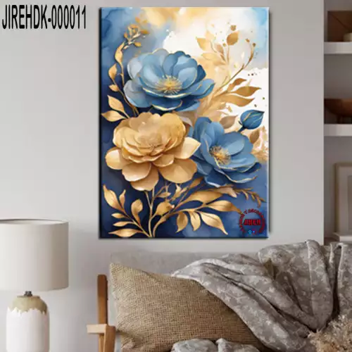 cuadro de flor azul y dorada