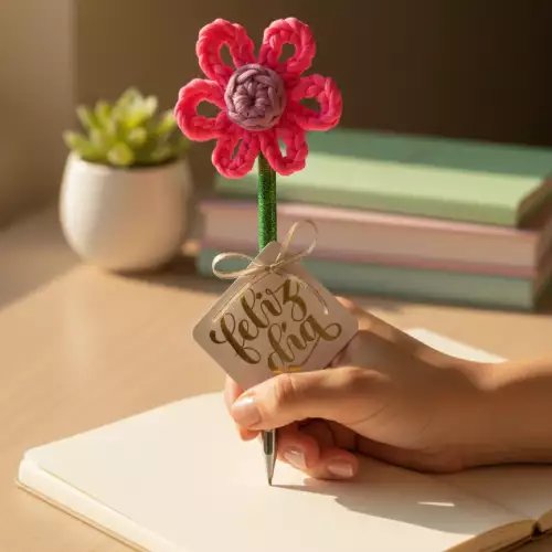 Flor decorativa en crochet fucsia con base madera artesanal