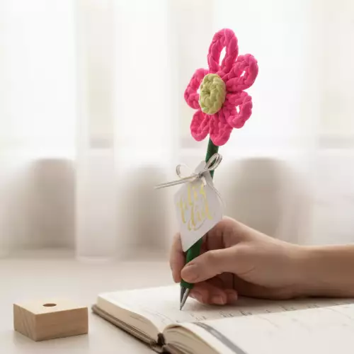 Flor decorativa en crochet rosa con base madera hecha a mano