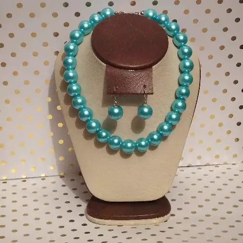 Gargantilla y aretes perlas aguamarino 39cm