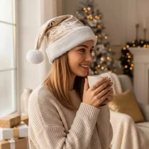 Gorro navideño terciopelo beige adulto unisex