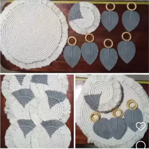 Individuales, posa vasos redondos  y porta servilletas en hoja tejido en macrame
