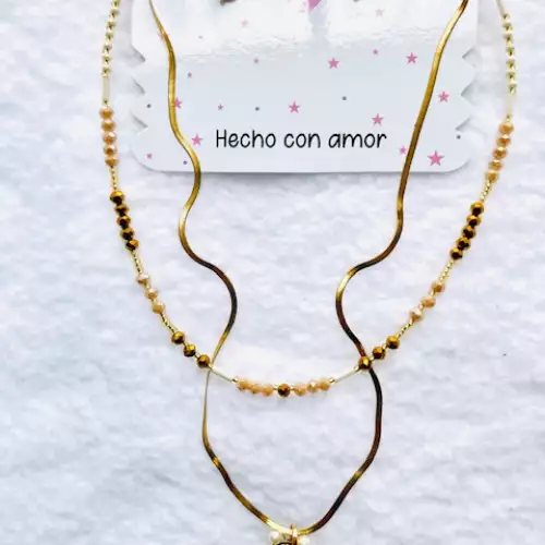 Juego cadena doble capa oro laminado, aretes y earcuff
