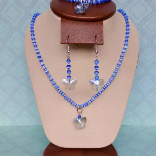 Juego collar aretes pulsera ojo de gato azul mariposas