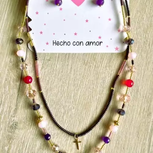 Juego collar doble capa mostacila y aretes