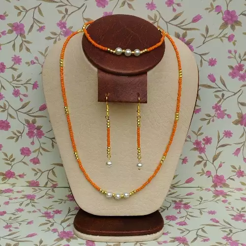 Juego de collar, aretes y pulsera mostacillas naranja