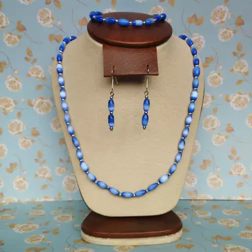 Juego de collar, aretes y pulsera ojo de gato azul rey