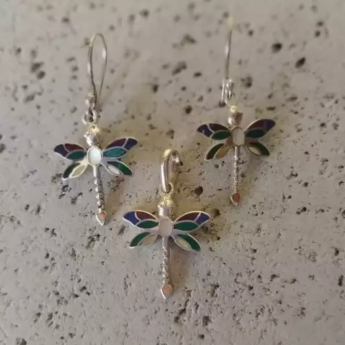 Juego Libélulas aretes y dije plata 950 spondylus