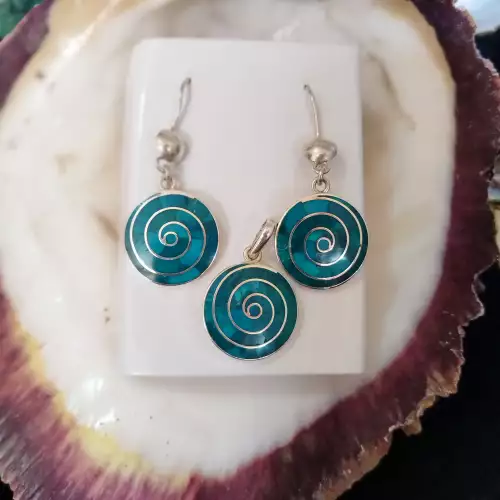 Juego Pachamama turquesa aretes y dije plata 950