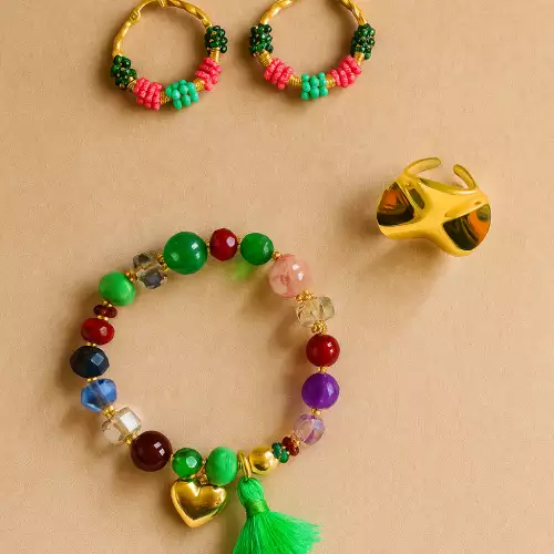 Juego pulsera murano, aretes alambrismo y anillo