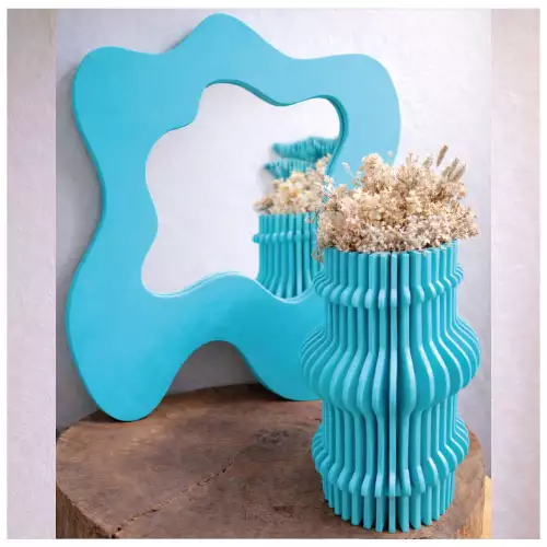 Kit espejo y florero decorativo azul moderno MDF