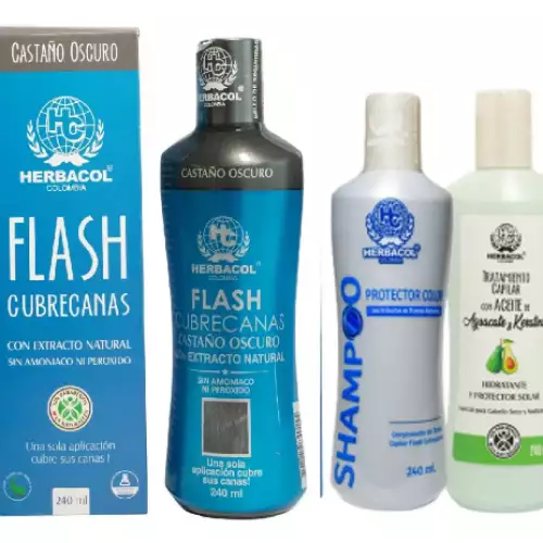 KIT FLASH CUBRECANAS CASTAÑO OSCURO + SHAMPOO + TRATAMIENTO HERBACOL